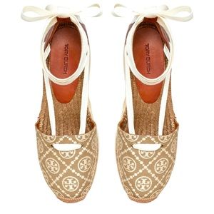 T Monogram Ankle Tie Espadrille Platform Wedge